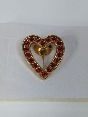 Vintage Avon Gold Heart Pin with Red Crystal Accents